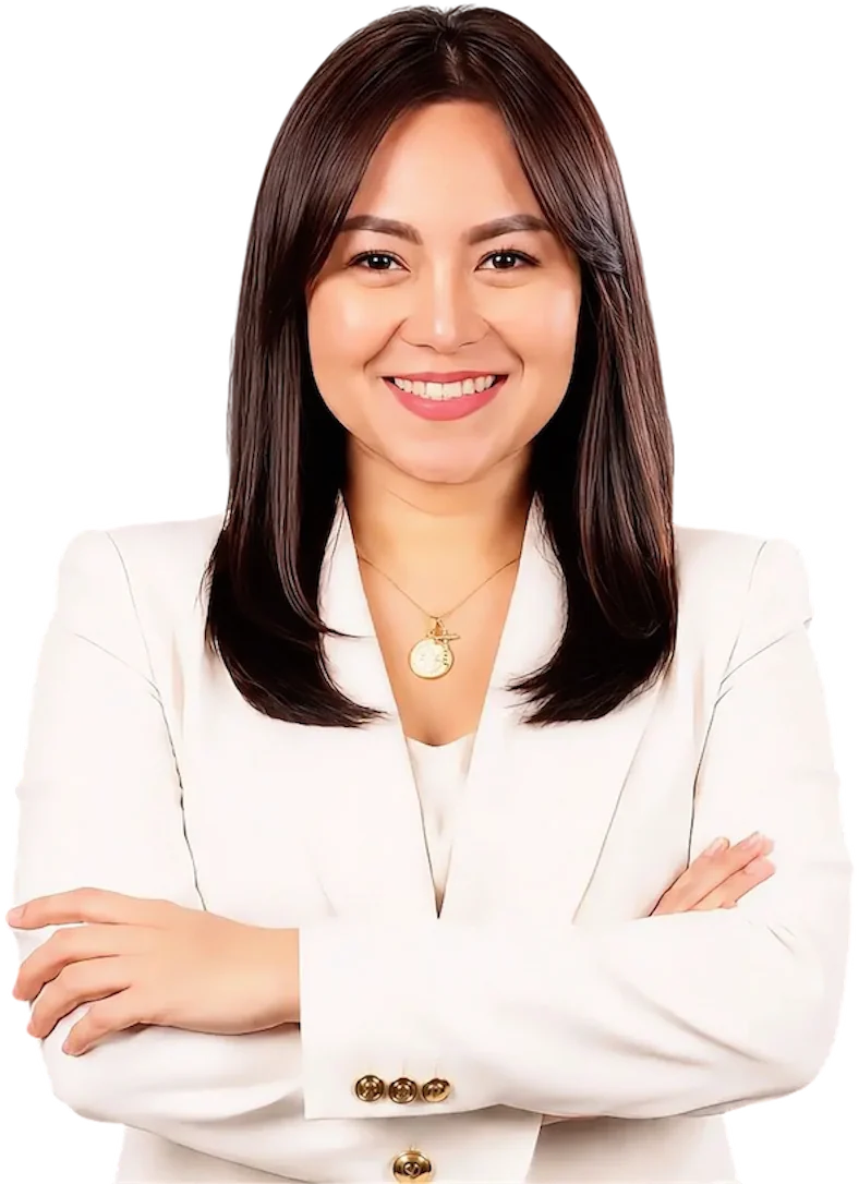 Racquel Garcia in a white blazer, arms crossed and smiling